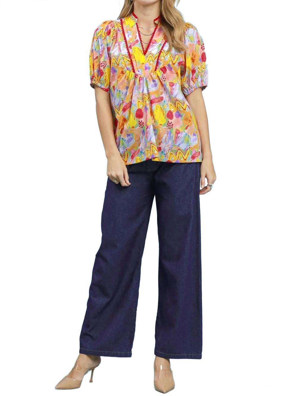 NEW UMGEE abstract print puff sleeve lace trim blouse in yellow